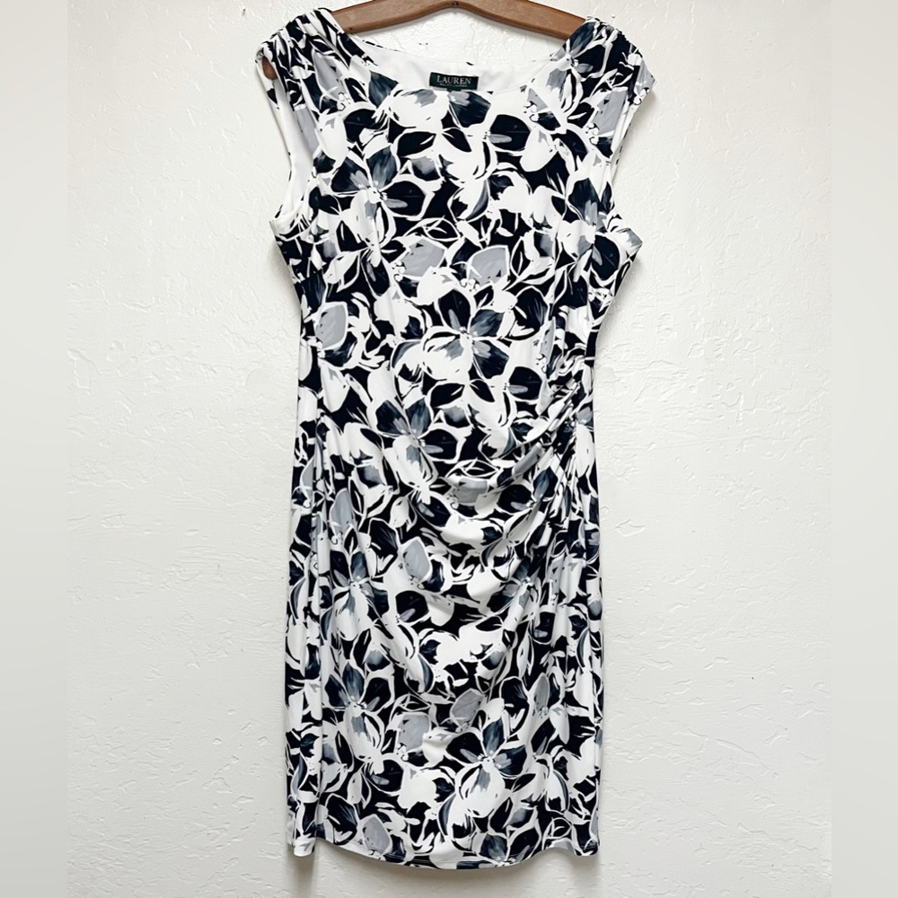 Lauren Ralph Lauren Women’s Size 12 Black & White Side Drape Floral Sheath Dress